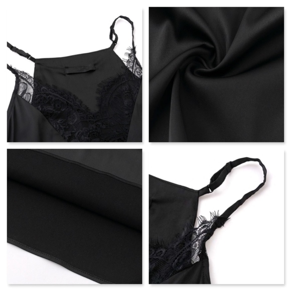 Satin Lace Detailed V-Neck Black Cami Top - Picture 6 of 7